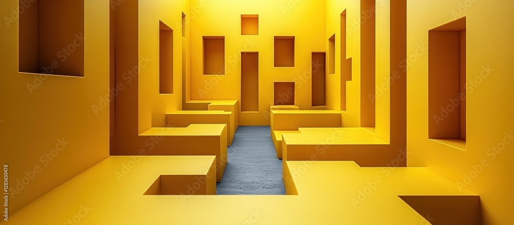 Poster immersive yellow architectural space with geometric forms and abstract design
