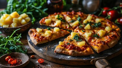 Hawaiian Pineapple Pizza. Pizza Hawaiian, Classic Pizza with Tomato Sauce, Mozzarella Cheese, Pineapple, and Ham, Sweet and Savory Pizza Isolated on Background with Copy Space.