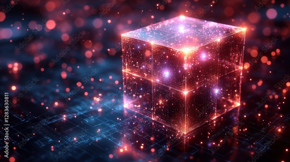 Poster abstract digital technology cube with glowing light effects and circuit board background