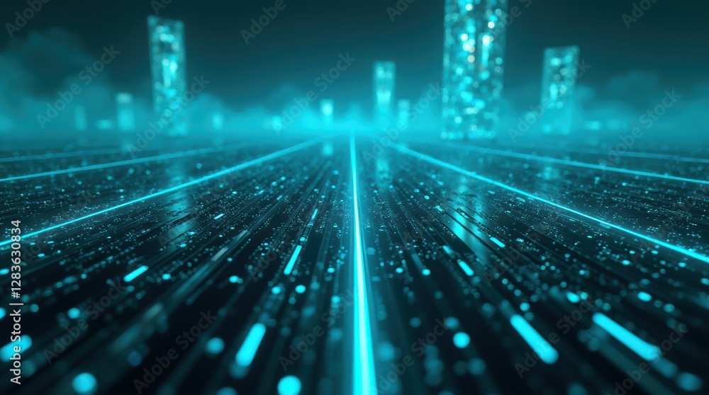 Aufkleber futuristic cityscape with glowing lines and tall structures creating a digital paradise