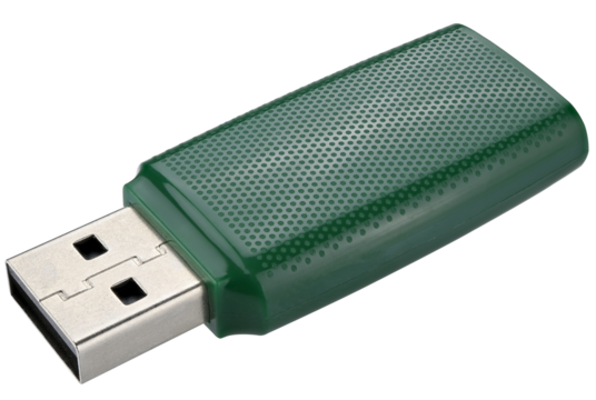 Green usb flash drive isolated on a transparent background. Completely in focus. Focus stacking.