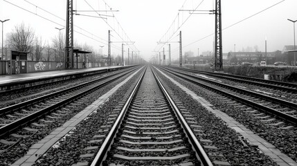 Empty train tracks through foggy station, perspective view, possible use for travel theme