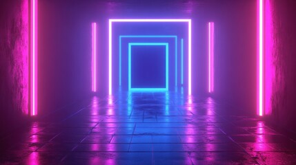 Abstract Neon Tunnel with Glowing Rectangles in Purple and Blue Hues