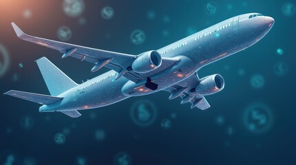 Astonishing Airborne Aircraft with Digital Currency Icons in a Futuristic Background