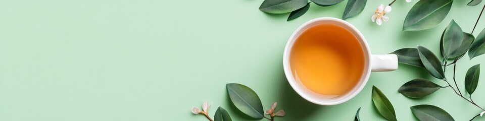 A cup of tea surrounded by lush green leaves and delicate blossoms.