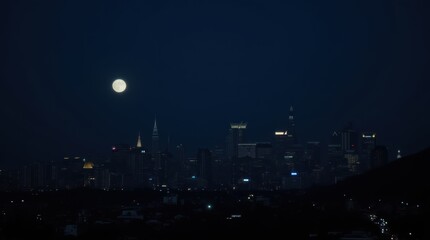 Mesmerizing Nighttime Cityscape Illuminated by a Full Moon over a Modern Skyline