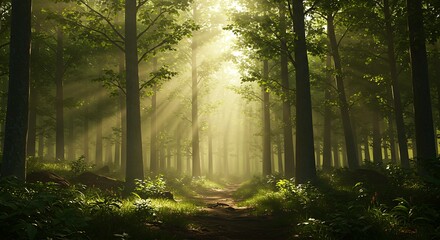 Obraz premium Beautiful rays of sunlight in a green forest 