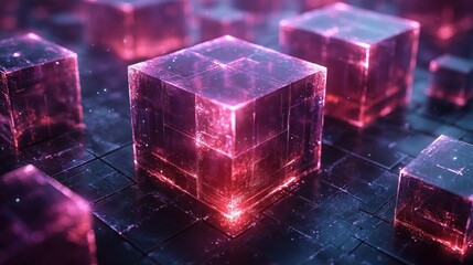 Abstract Futuristic Crystal Cubes Forming Network, Glowing in Cyber Space
