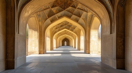 Fototapeta premium Serene Arched Hallway with Intricate Ceiling Design in Historic Site