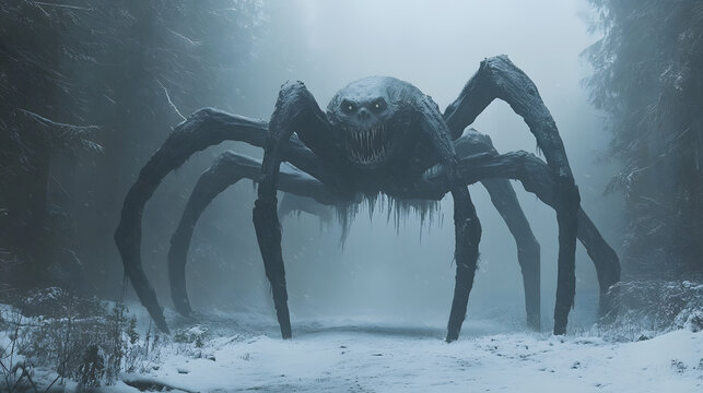 Eerie and atmospheric dark fantasy artwork featuring a colossal spider with ice-covered legs, lurking in a misty, snow-covered forest