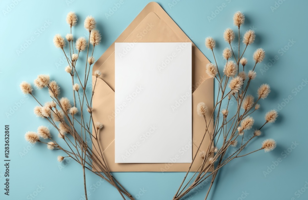 Aufkleber blank paper card with mockup copy space, dry flower buds on light blue background. beige envelope. i