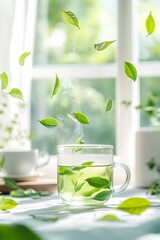 A steaming cup of green tea sits on a table near a window, with leaves floating in the air.