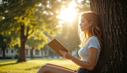 Obraz premium Woman Sitting Under Tree and Reading Book.