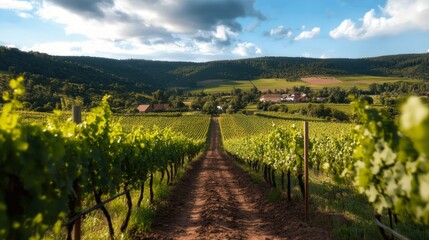 Naklejka premium Vineyard rows stretch towards a picturesque valley under a vibrant sky.