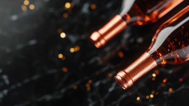 Rose wine bottles on dark background with sparkling lights. Elegant and festive.