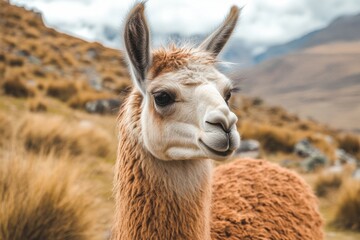 Obraz premium Luxurious brown llama fur texture in stunning peruvian landscapes highlighting the natural beauty of wildlife and nature for travel and fashion enthusiasts