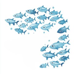 School of Blue Fish Swimming in a Curved Formation Underwater Scene Aquatic Life Illustration