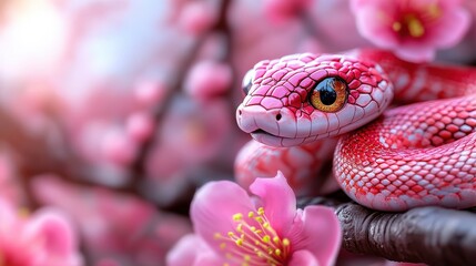 Fototapeta premium This stunning image showcases a vibrant pink snake resting elegantly among lovely pink blossoms, drawing attention to the harmony between nature and vibrant colors.