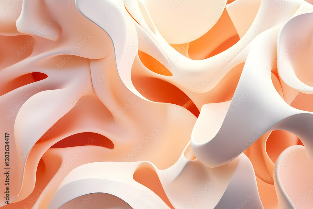 Poster abstract shapes in peach and beige, a 3d render with spheres floating around