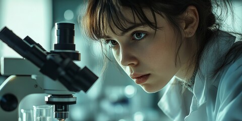 Scientist working with microscope in laboratory, medical research and analysis
