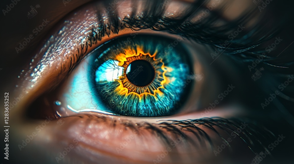 Poster close up of a human eye, reflecting light and showcasing the intricate details of the iris, pupil, a