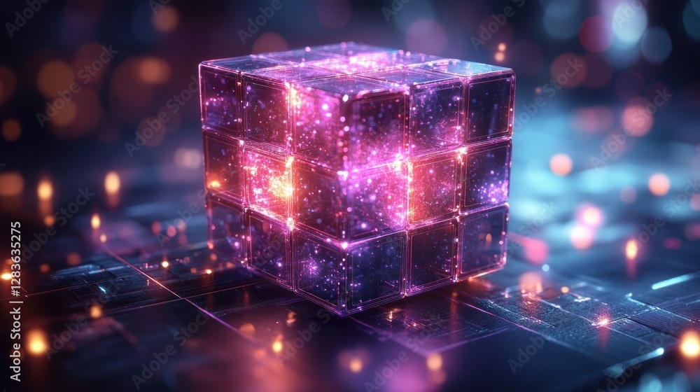 Poster futuristic cube with glowing particles, a high-tech abstract concept