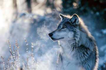 Fototapeta premium Grey wolf in the cold snowy winter forest. Amazing Wildlife.