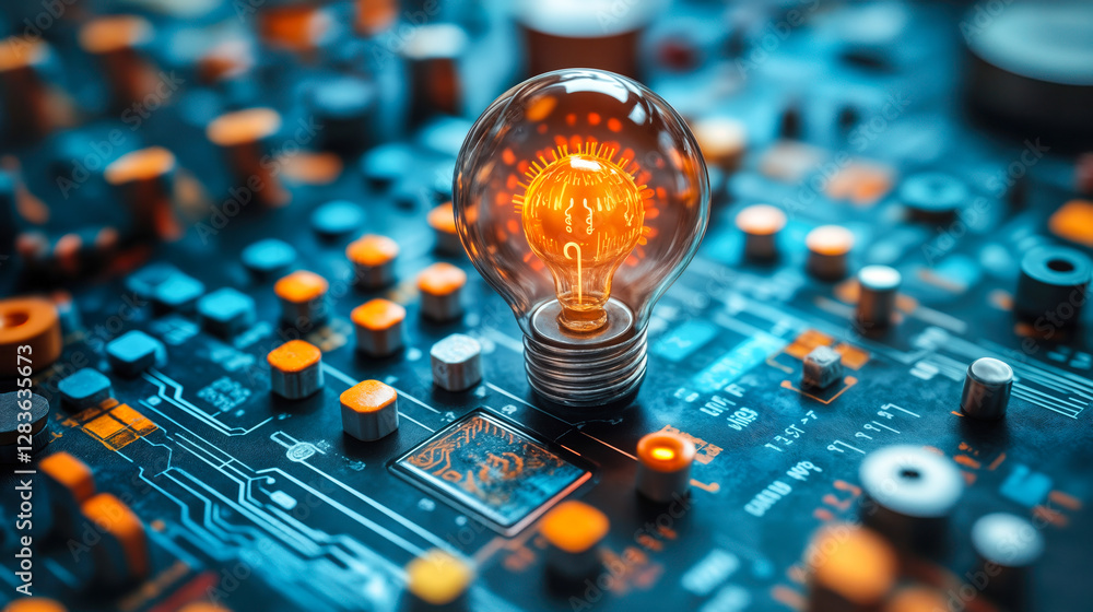 Poster innovative automation and productivity enhancement with technology circuit board and lightbulb repre
