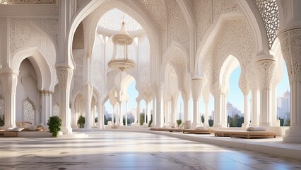 Fototapeta premium Golden White Luxury Mosque Interior with Columns and Sunlit Windows