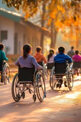 Wheelchair users enjoy a group outing in a park during golden hour.