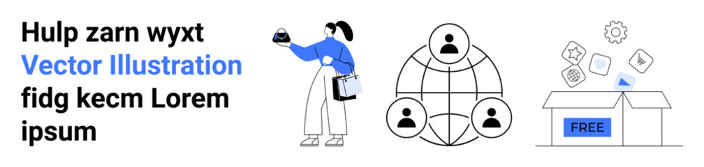 Woman holding phone with clipboard, interconnected users as network, free items coming from box. Ideal for teamwork, technology tips, global sharing, collaboration, marketing, freebies flat landing