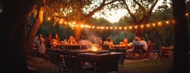 Evening garden party, fire pit, sunset