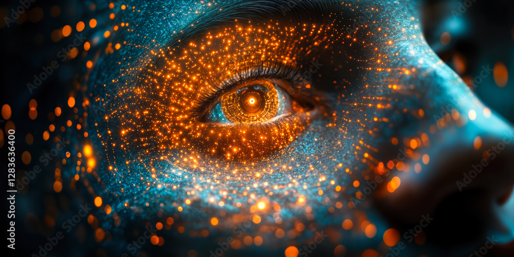 Poster artificial intelligence concept with digital eye and glowing data particles for inventory management
