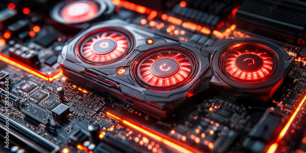 Poster high-performance graphics card on gaming pc motherboard illuminated with red led lights showcasing n