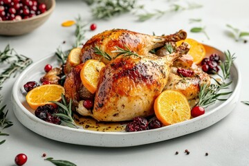 goldenbrown roasted turkey garnished with fresh herbs citrus slices and cranberries presented on an elegant white porcelain platter with a glossy glaze
