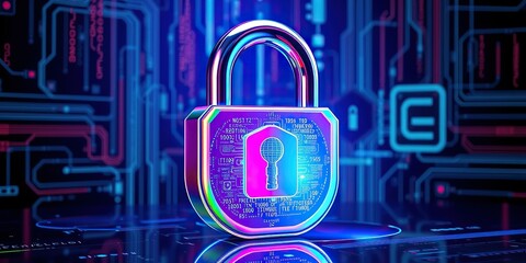 An image representing internet security. A three-dimensional, transparent padlock icon with an iridescent, glossy finish in rainbow colors. A dark, black background.