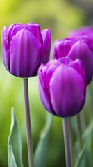 Purple tulips, green stems, macro photography
