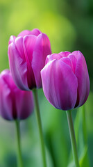Purple tulips, green stems, macro photography
