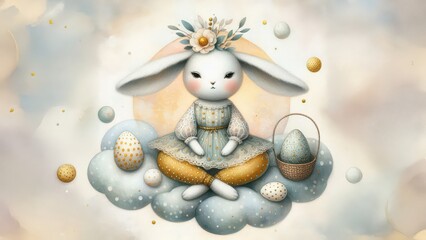 Obraz premium 3D fairy tale watercolor illustration of beautiful easter rabbit sit on white cloud with colorful eggs on basket. idea of happy cute easter bunny holiday. background with copy space.