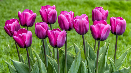 Obraz premium Purple tulips, green stems, macro photography 