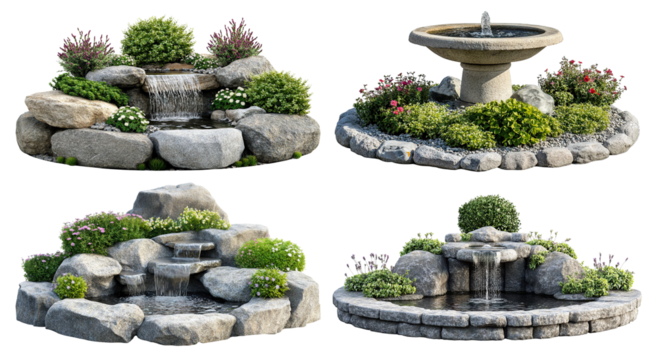 Set of stone water fountains surrounded by green shrubs and flowers, isolated on transparent cutout background
