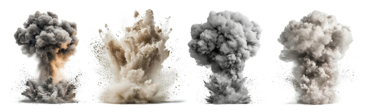 Set of explosion smoke clouds, isolated on transparent cutout background