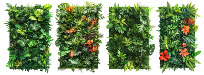 Set of lush green vertical garden panels, isolated on transparent cutout background