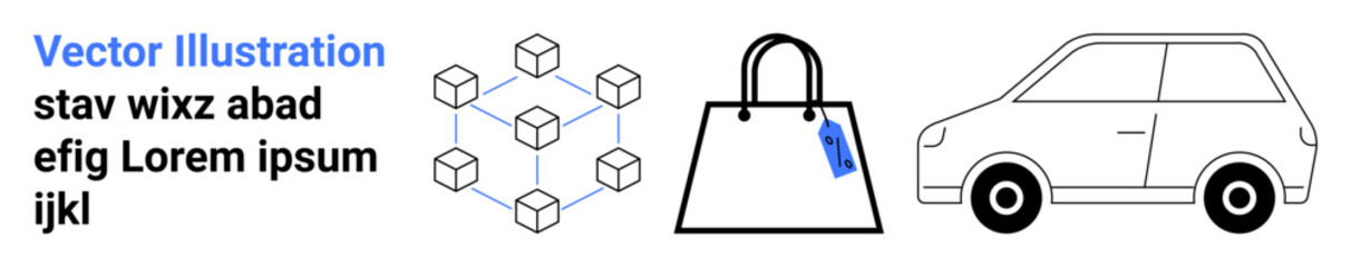 Blockchain cube grid, handbag with label, and minimalistic car design. Ideal for finance, e-commerce, supply chain, shopping, logistics driving transportation. Suitable for a flat landing page