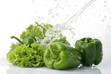Fresh Green Vegetables with Water Splashes on White Background