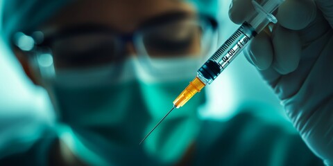 Surgeon preparing syringe for medical procedure in operating room