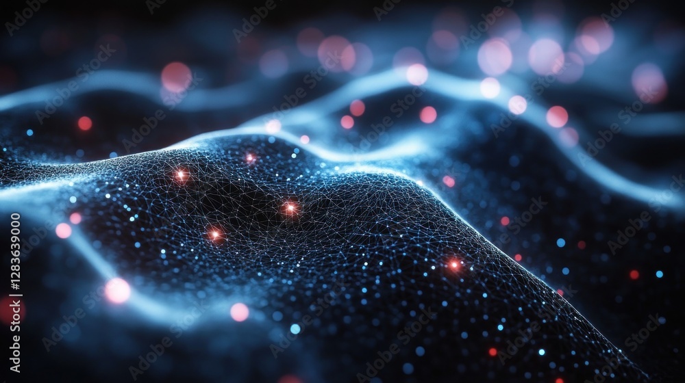Poster abstract network mesh with glowing particles, representing connectivity and data flow