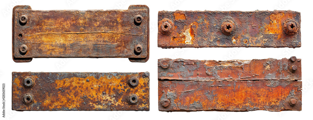Poster set of rusty metal plates with weathered texture, isolated on transparent cutout background