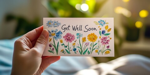 Hand holding get well soon card with flowers in hospital room