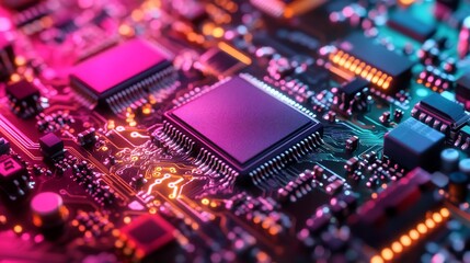 Obraz premium Close-up of a circuit board with a central processor chip illuminated in pink and purple hues.